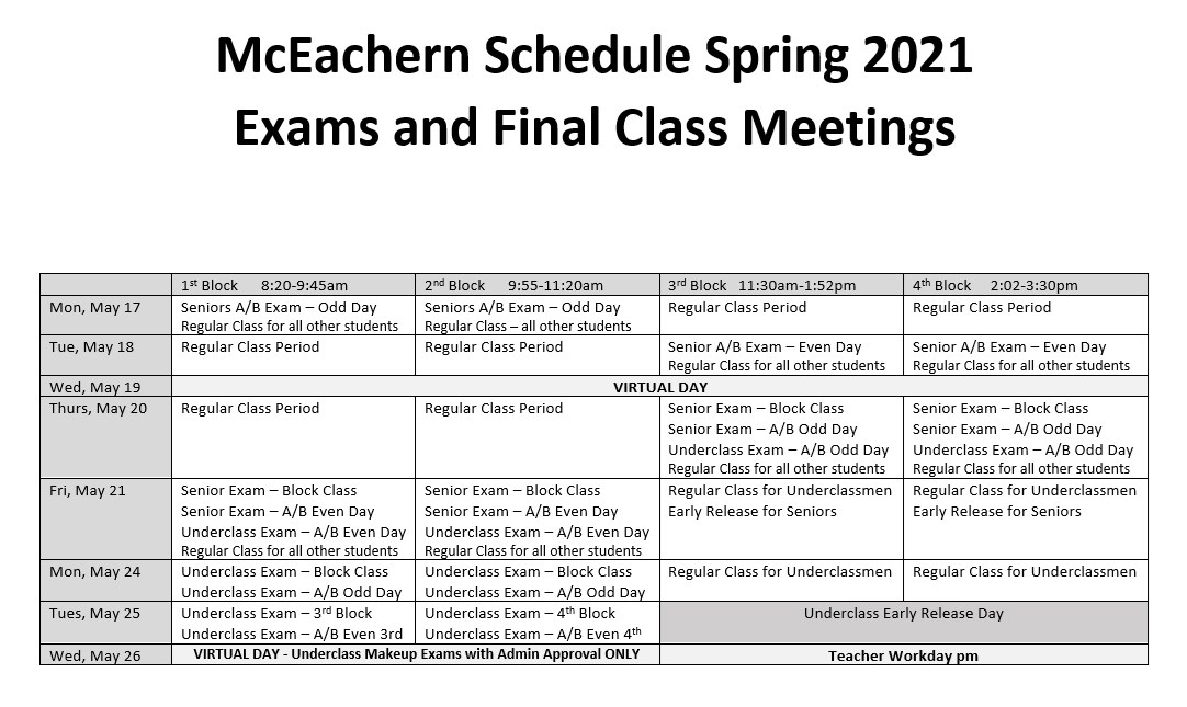 McEachern Exam Schedule Spring 2021